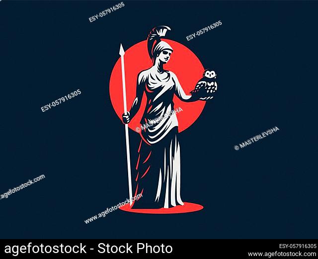 The goddess Athena holds an owl and a spear in her hand