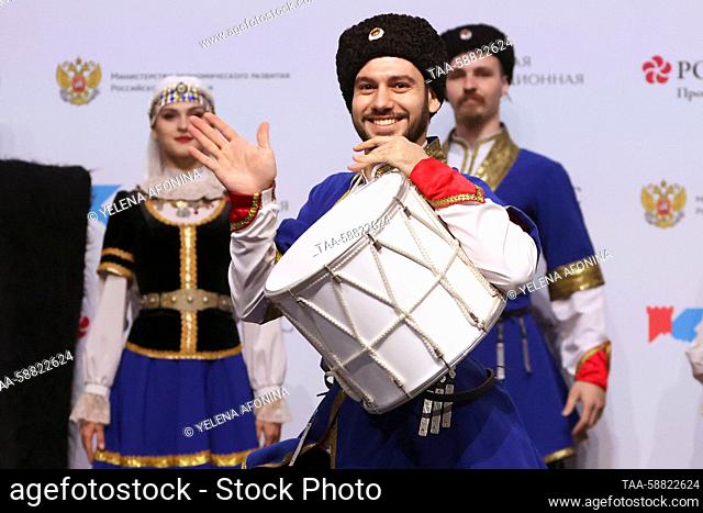 RUSSIA, MINERALNYE VODY - MAY 3, 2023: Artists perform during the opening ceremony of the Caucasus Investment Exhibition at the MinvodyExpo Exhibition Center