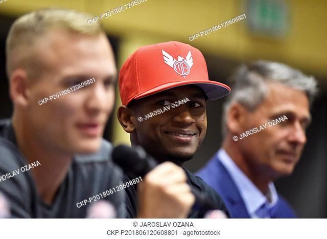 From left athletes SAM KENDRICKS of USA, MUTAZ ISA (ESSA) BARSHIM of Qatar and former Czech athlete Jan Zelezny speak during the press conference prior to the...