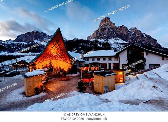Ski Resort of Corvara at Night, Alta Badia, Dolomites Alps, Ital