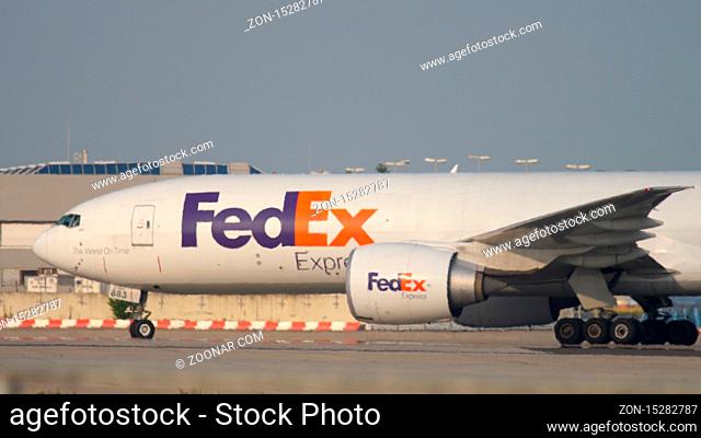 FRANKFURT AM MAIN, GERMANY - JULY 18, 2017: FedEx Cargo Boeing 777 taxiing after landing. Fraport, Frankfurt, Germany