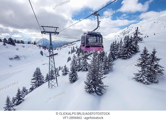 Cableways on the ski slopes surrounded by snowy woods Bettmeralp district of Raron canton of Valais Switzerland Europe