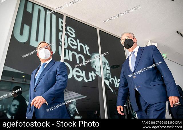 07 June 2021, Berlin: Reiner Haseloff (CDU, r), Minister-President of Saxony-Anhalt, walks next to Armin Laschet, CDU Federal Chairman and Minister-President of...