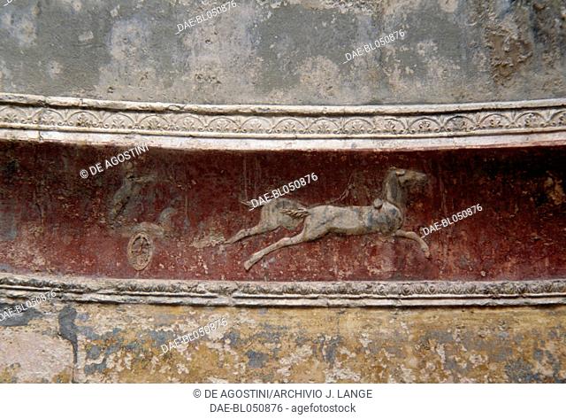 Frieze depicting horses from the frigidarium, Forum Baths, Pompeii (UNESCO World Heritage List, 1997), Campania, Italy. Roman civilisation, 1st century BC