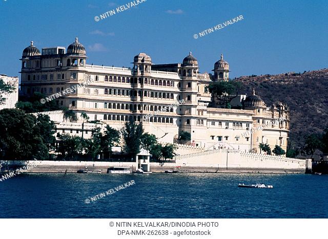 Rear view of City Palace at Udaipur, Rajasthan, India, Asia