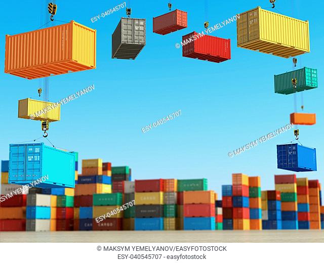 Cargo containers in storage area with forklifts. Delivery or shipping background concept. 3d illustration