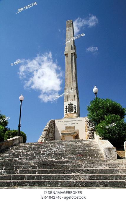 Monument with a cross and lettering Honor A Todos Los Que Dieron Su Vida Por Espana in Mao, Mahon, Menorca, Minorca, Spain, Europe