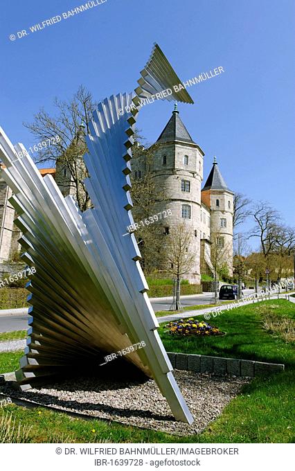 Auf den Fluegeln des Gesangs or On the Wings of a Song, sculpture by P. lMinoli, 1994, in front of Schloss Bertholdsburg castle, Schleusingen, Thuringia