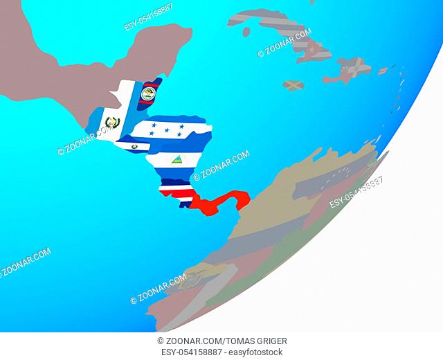 Central America with embedded national flag on blue political globe. 3D illustration