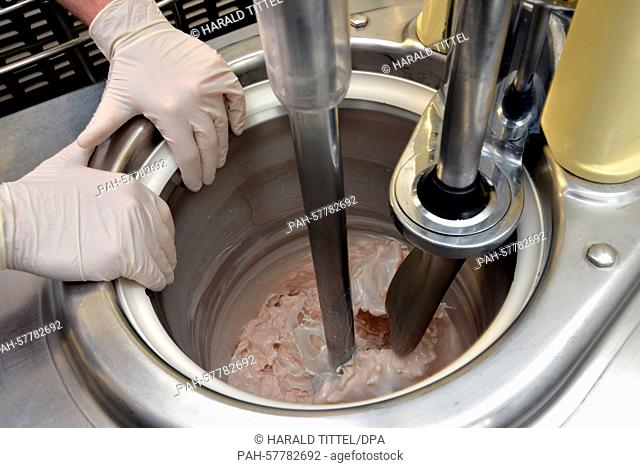 A concoction of milk, sugar, liver sausage and honey is used to make liver sausage ice cream at the ice cream parlour Venezia in Birkenfeld,  Germany
