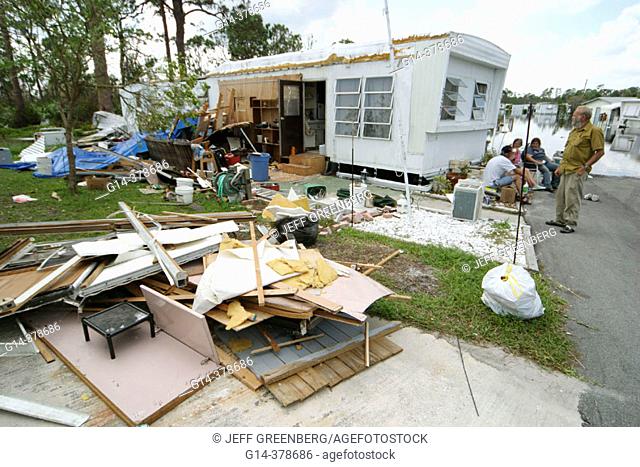 Hurricane Jeanne damage. Trailer mobile home park with residents. Fort Pierce. Florida. USA