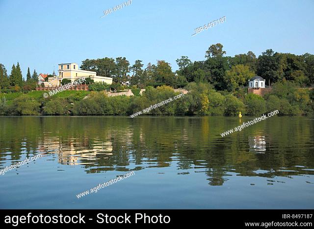 View over the Main River of the Roman Villa Pompejanum and Breakfast Pavilion in the Palace Garden, Pavilion, Aschaffenburg, Lower Franconia, Franconia