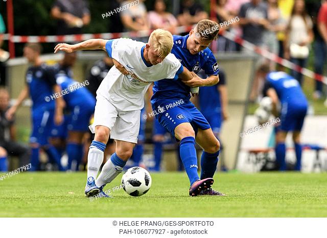Janis Hanek (KSC) duels with Andreas Gassert (Oestringen). GES / Fussball / 3. Liga Test match preparation for the season 2018/19: FC Oestringen -Karlsruher SC
