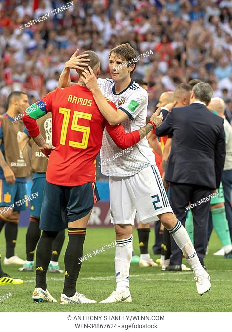 2018 FIFA World Cup - Round of 16 - Spain v Russia Featuring: Sergio RAMOS, Fernandez Mario Where: Moscow, Russian Federation When: 01 Jul 2018 Credit: Anthony...