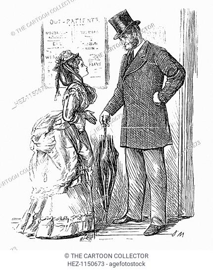 'The Coming Race', 1872. This cartoon shows one of the new female doctors asking for assistance from a manly and upright male surgeon