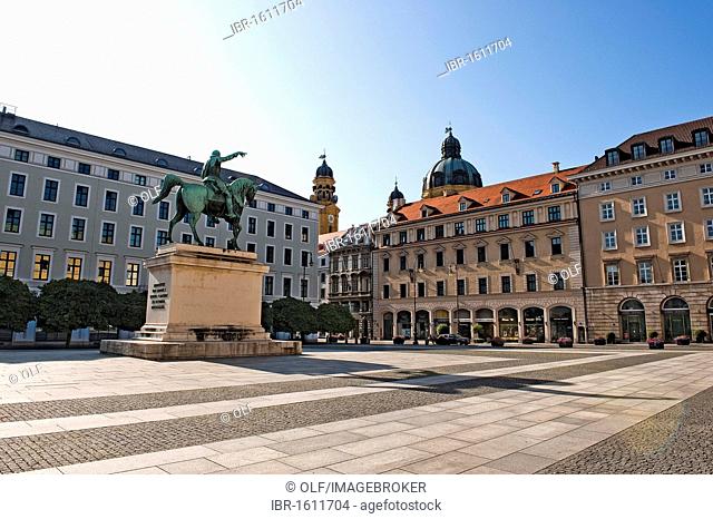 Wittelsbacherplatz square, equestrian statue of Maximilian I, Elector of Bavaria, Theatine Church at the back, Munich, Bavaria, Germany, Europe