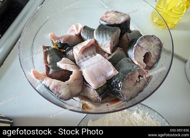 Raw chopped fish in a bowl ready for flour and frying