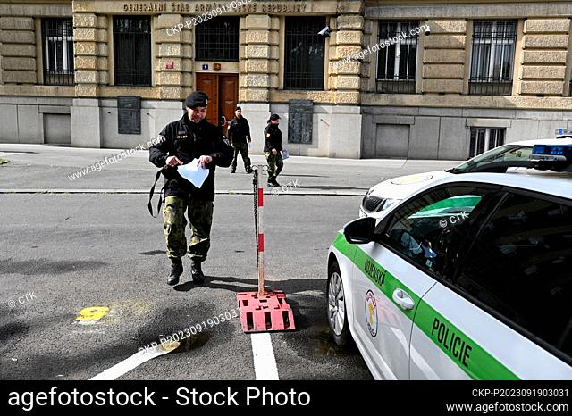 Members of the military police in front of the building of the General Staff of the Czech Army in Prague, Czech Republic, September 19, 2023
