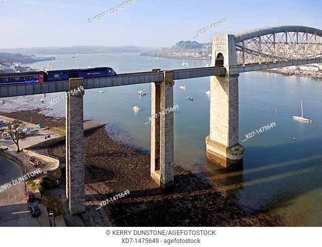 England, Devon, Plymouth, Royal Albert Bridge across the River Tamar with express train
