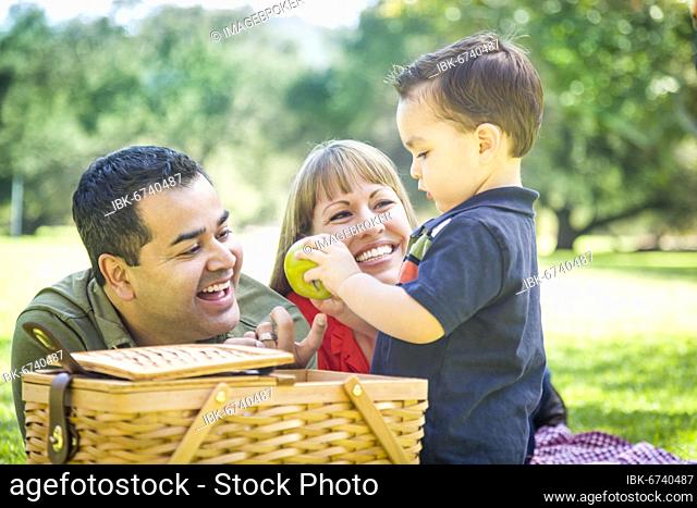 Happy mixed-race family enjoy a picnic at the park