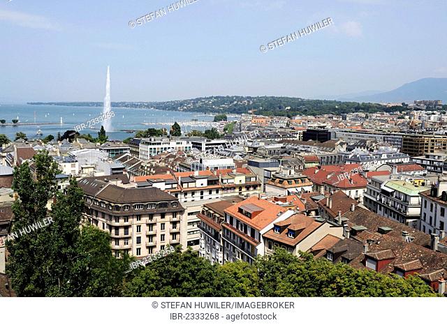 View of Lake Geneva with the Jet d'Eau, Geneva, Switzerland, Europe