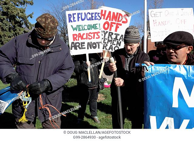 CANADA, Windsor. 07 April 2017. Windsor Peace Coalition holds a demonstration against yesterday's United States bombing of a Syrian air force base