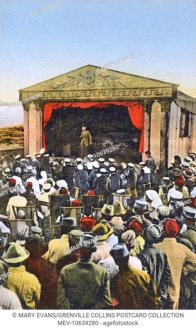 Salonika campaign (1915-18). Thessaloniki, Greece - Open Air Theatre - Military Hospital. The Band is provided by the crew of the French Navy Ironclad vessel...