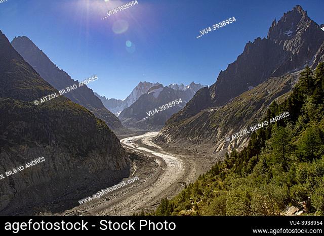 Mountain landscape on French Alps, Mer De Glace old glacier, a lot of trees with green color, Chamonix, France