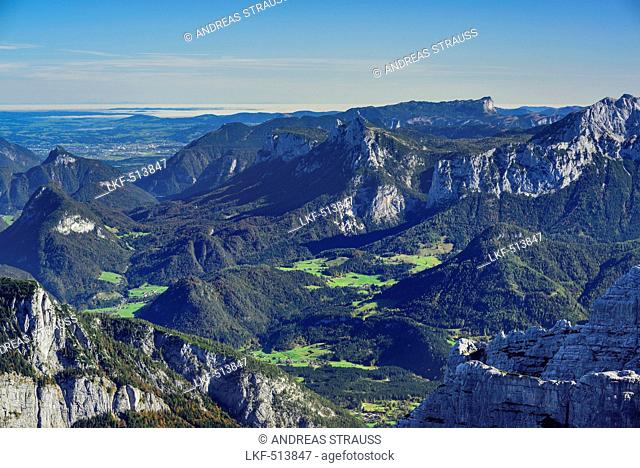 View from summit of Rothorn to Berchtesgaden range with Reiteralm and Untersberg, Nurracher Hoehenweg, Rothorn, Loferer Steinberge range, Tyrol, Austria