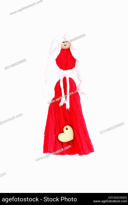 Macrame hand woven with cord guardian angel with red dress on white background