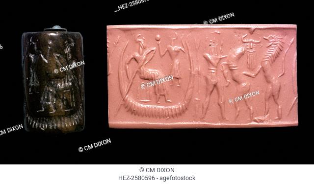Akkadian cylinder-seal and impression of the flood epic, showing Uta-Napaishtim in a boat, and Gilgamesh with a bull