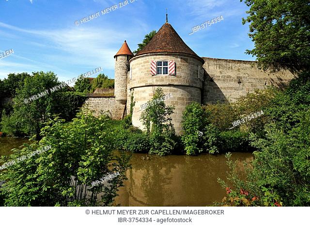 Kleine Bastei, small bastion, wide round tower used as a turret, from 1555, Woernitz river at front, Dinkelsbühl, Middle Franconia, Bavaria, Germany