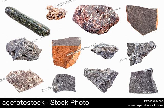 set of various Basalt rocks isolated on white background
