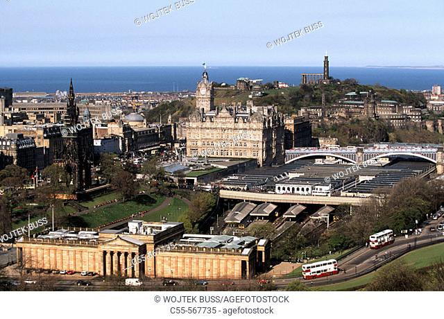View from Edinburgh castle. National Gallery of Scotland, Waverley station, the Balmoral Hotel, Calton Hill. Edinburgh. Scotland. UK