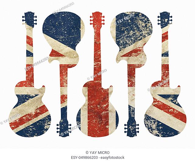 Five guitars shaped old grunge vintage dirty faded shabby distressed UK Great Britain national flag isolated on white background