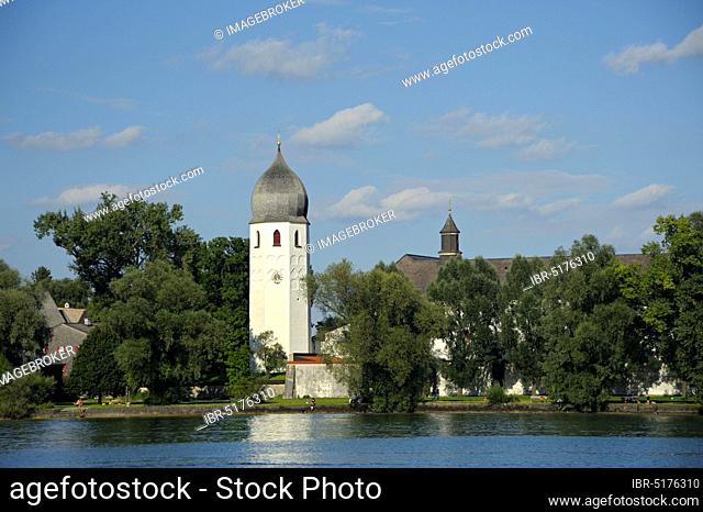 Chiemsee, Fraueninsel with bell tower of the monastery, August, Chiemgau, Bavaria, Germany, Europe