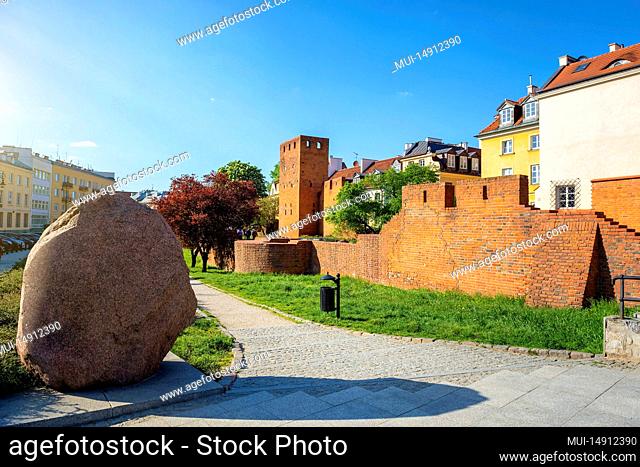 Wall and old town in Warsaw, Poland