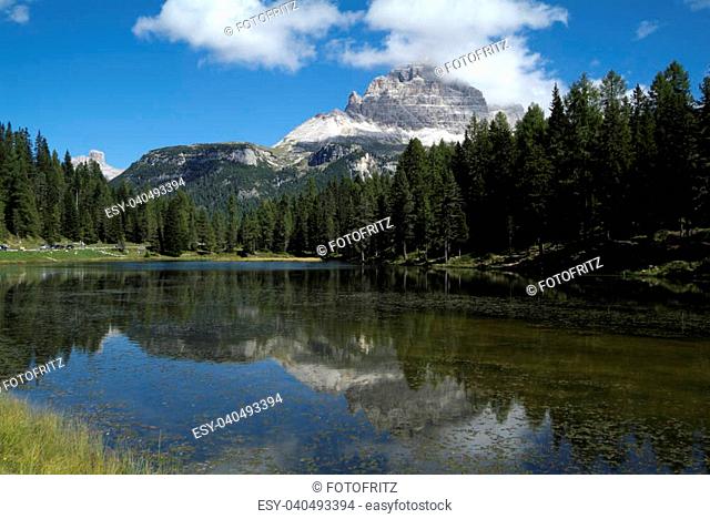 Italy, reflections in the mountain lake Lago Antorno