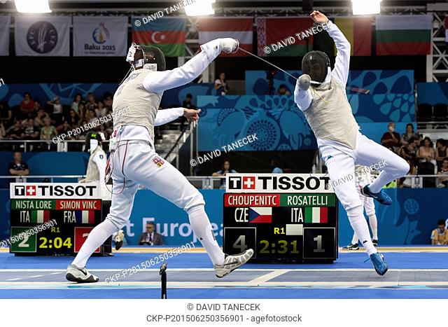 From left Alexander Choupenitch of Czech Republic and Damiano Rosatelli of Italy fight during the Men's Individual Foil Fencing at the Baku 2015 1st European...
