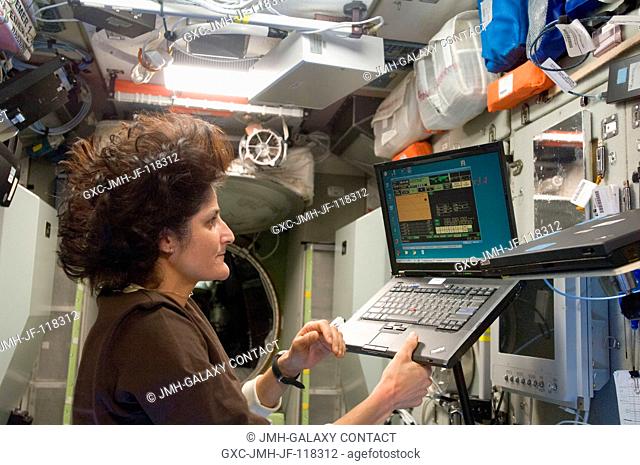 In the International Space Station's Zvezda Service Module, NASA astronaut Sunita Williams, Expedition 33 commander, uses a computer during an onboard training...