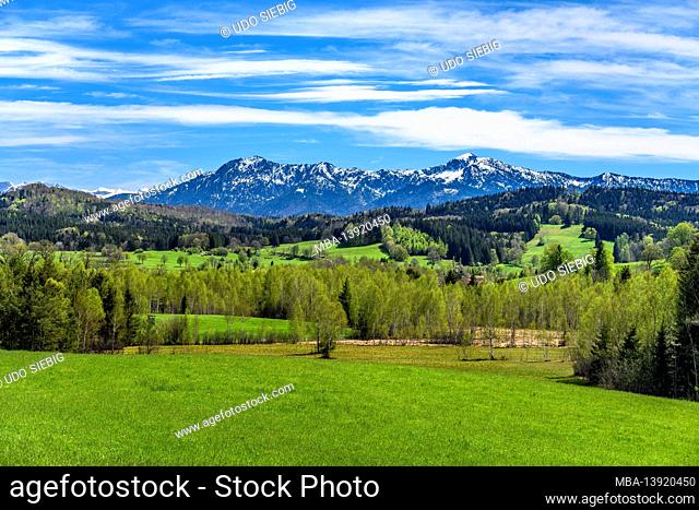 Germany, Bavaria, Upper Bavaria, Pfaffenwinkel, Habach, view over the Rieder Filz towards the foothills of the Alps with Herzogstand and Heimgarten