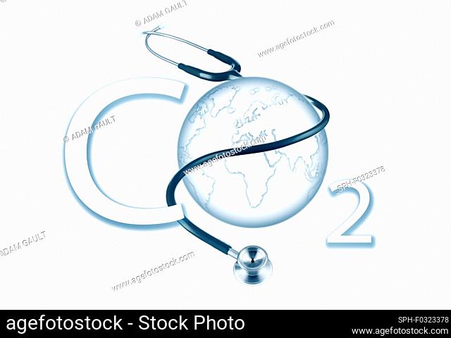 Carbon dioxide with Earth and stethoscope, illustration