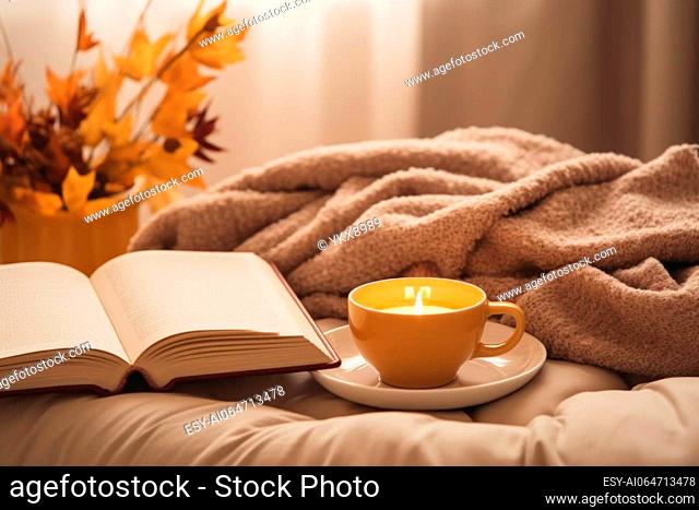 Warm and cozy living room mockup with autumn decor, a cup of tea, and a book
