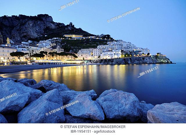 Night view of Amalfi, Costiera Amalfitana or Amalfi Coast, UNESCO World Heritage Site, Campania, Italy, Europe
