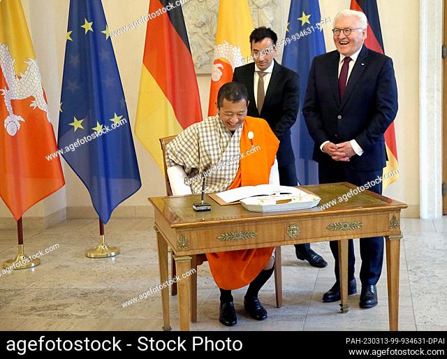 13 March 2023, Berlin: German President Frank-Walter Steinmeier (r) receives at Belluve Castle, Lotay Tshering (l), Prime Minister of the Kingdom of Bhutan
