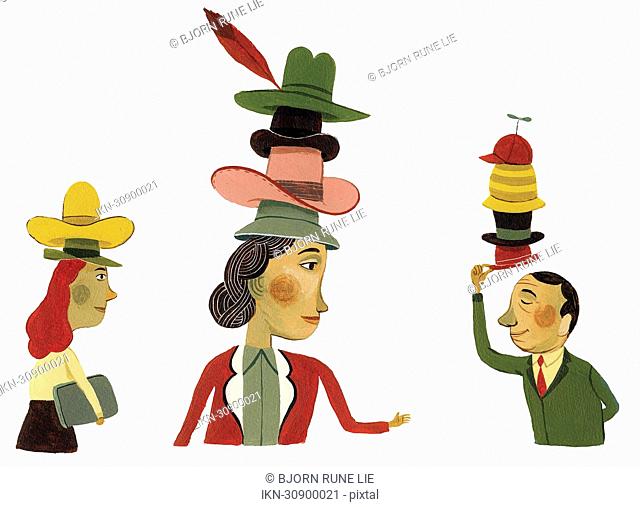 Business people wearing many hats