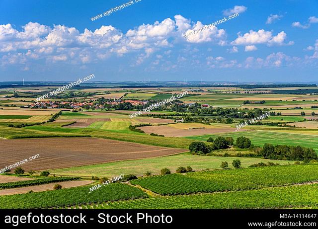 germany, bavaria, lower franconia, franconian wine country, market seinsheim, wine landscape with town view, view near weinparadise barn