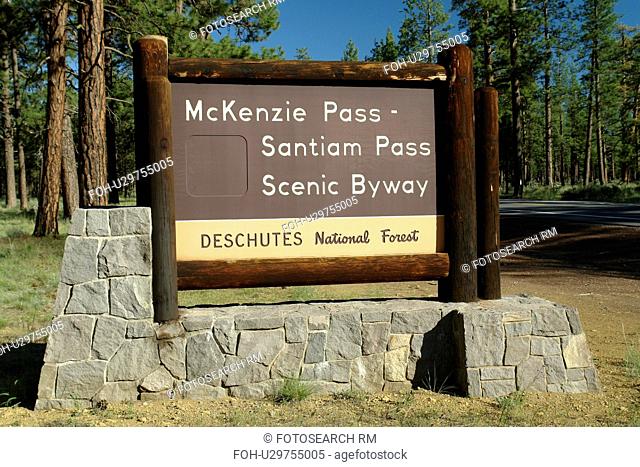 Bend, OR, Oregon, Deschutes National Forest, McKenzie Pass, Santiam Pass, Oregon Scenic Byway, entrance, wooden road sign