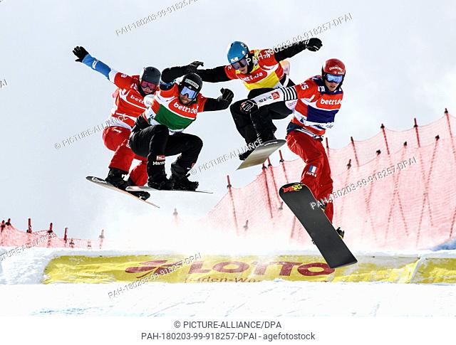 Switzerland's Kalle Koblet (l-r), Germany's Konstantin Schad, Glenn De Blois from the Netherlands and France's Merlin Surget in action at the quarter-finals of...