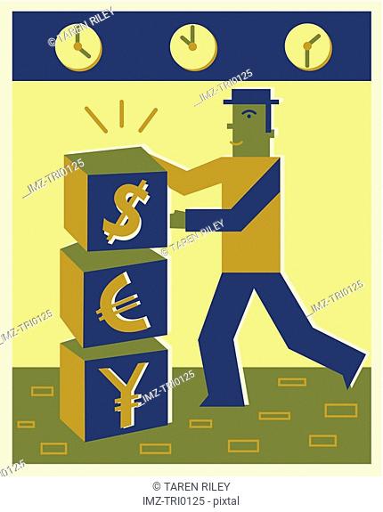 A man building blocks with currency symbols